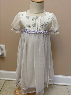 Jenny Annie Dots White and Lavender Floral Overlay Dress with Ribbon Rosettes